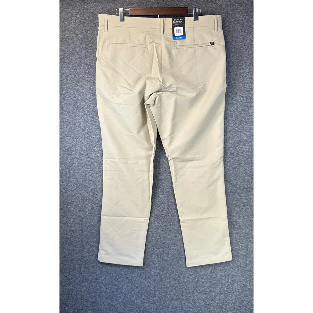 NWT Banana Republic Flat Front Pant Men 36x29 Tan Performance Polyester Trousers